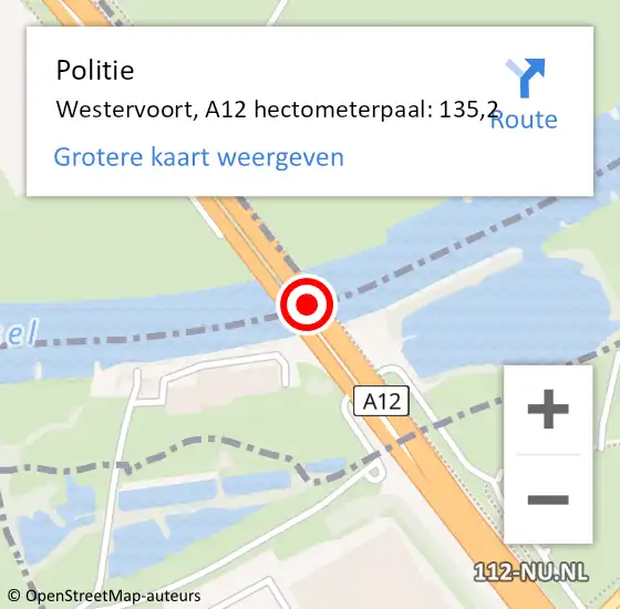 Locatie op kaart van de 112 melding: Politie Westervoort, A12 hectometerpaal: 135,2 op 2 september 2022 12:48