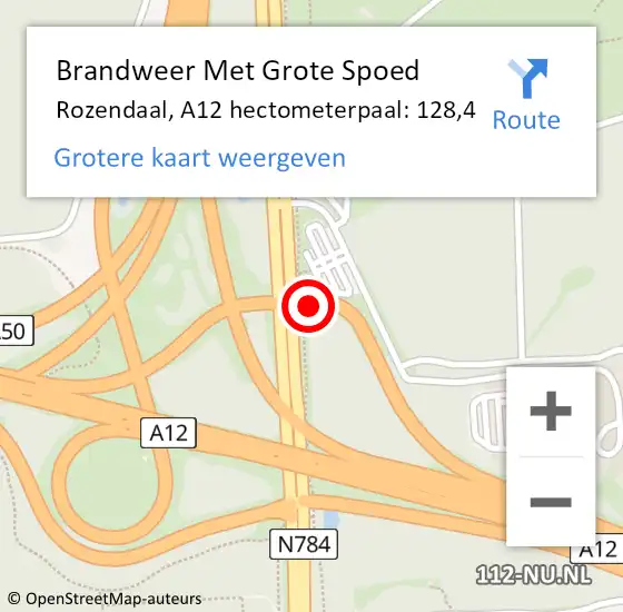 Locatie op kaart van de 112 melding: Brandweer Met Grote Spoed Naar Rozendaal, A12 hectometerpaal: 128,4 op 2 september 2022 13:20