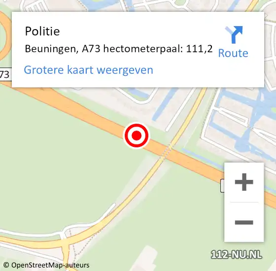 Locatie op kaart van de 112 melding: Politie Beuningen, A73 hectometerpaal: 111,2 op 2 september 2022 13:58