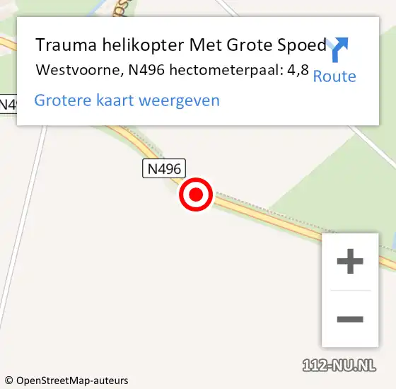 Locatie op kaart van de 112 melding: Trauma helikopter Met Grote Spoed Naar Westvoorne, N496 hectometerpaal: 4,8 op 2 september 2022 14:14