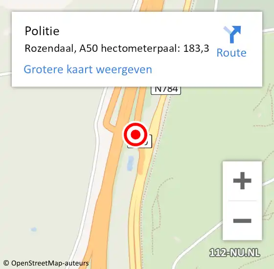 Locatie op kaart van de 112 melding: Politie Rozendaal, A50 hectometerpaal: 183,3 op 2 september 2022 14:49