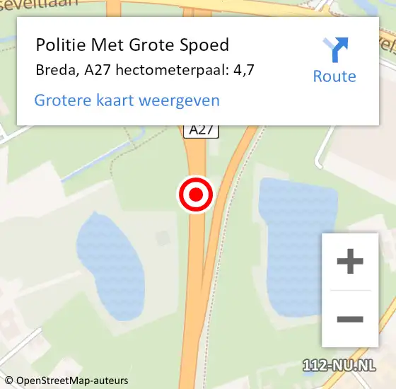 Locatie op kaart van de 112 melding: Politie Met Grote Spoed Naar Breda, A27 hectometerpaal: 4,7 op 2 september 2022 15:05