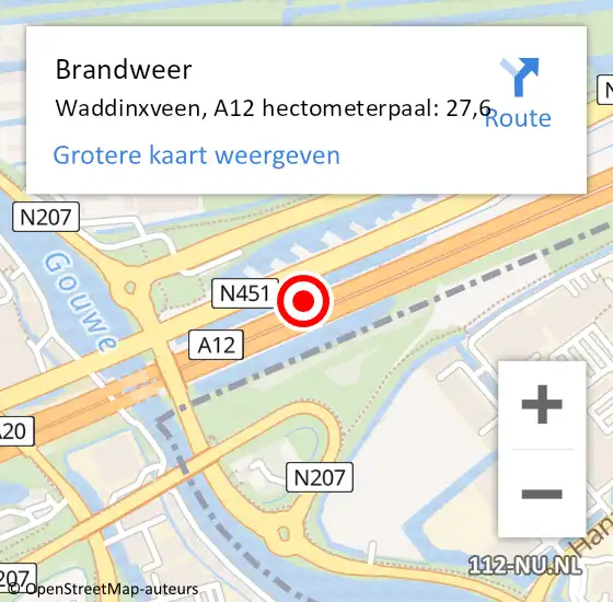 Locatie op kaart van de 112 melding: Brandweer Waddinxveen, A12 hectometerpaal: 27,6 op 2 september 2022 15:42