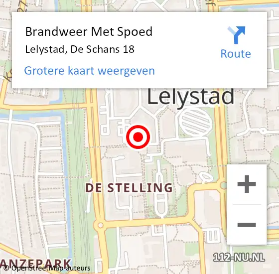 Locatie op kaart van de 112 melding: Brandweer Met Spoed Naar Lelystad, De Schans 18 op 2 september 2022 16:00