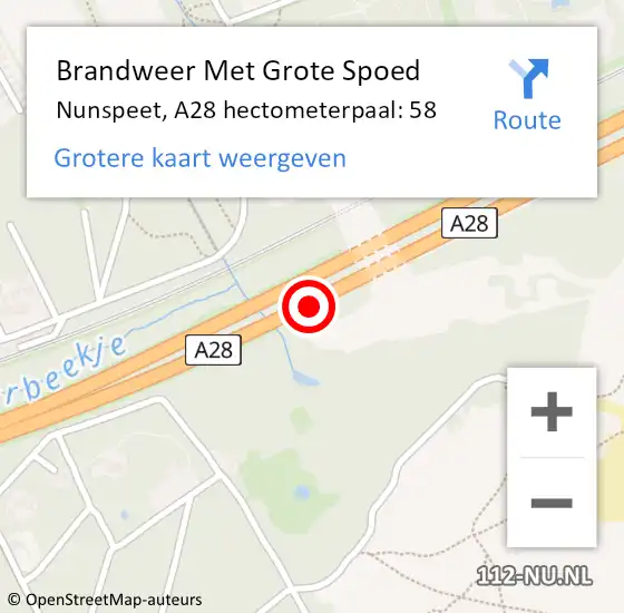 Locatie op kaart van de 112 melding: Brandweer Met Grote Spoed Naar Nunspeet, A28 hectometerpaal: 58 op 2 september 2022 16:12