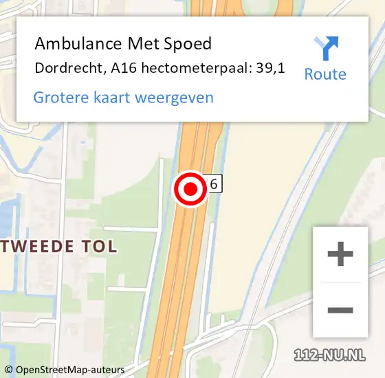 Locatie op kaart van de 112 melding: Ambulance Met Spoed Naar Dordrecht, A16 hectometerpaal: 39,1 op 2 september 2022 17:06