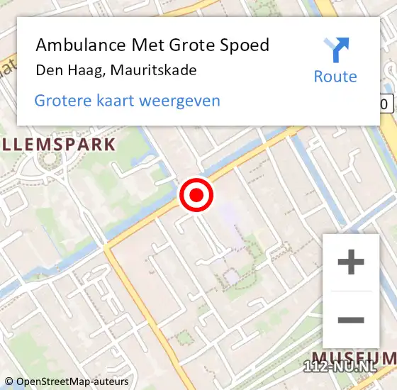 Locatie op kaart van de 112 melding: Ambulance Met Grote Spoed Naar Den Haag, Mauritskade op 2 september 2022 18:12