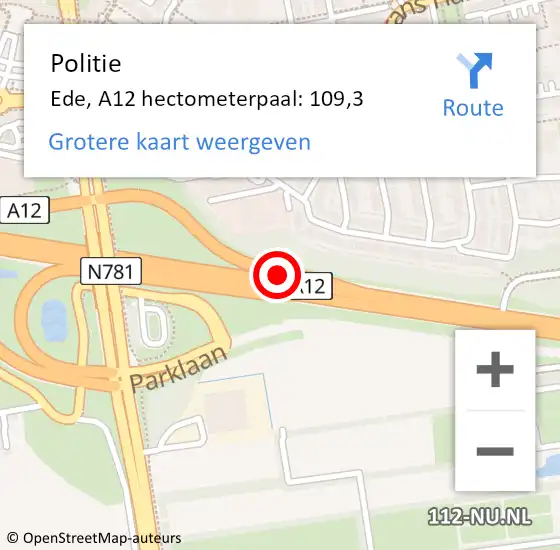 Locatie op kaart van de 112 melding: Politie Ede, A12 hectometerpaal: 109,3 op 2 september 2022 19:02