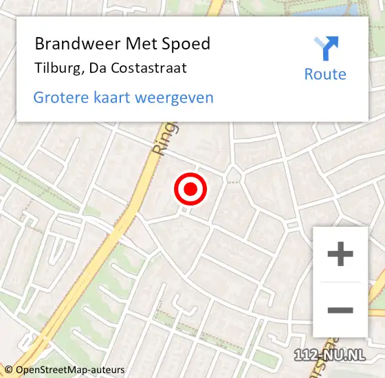 Locatie op kaart van de 112 melding: Brandweer Met Spoed Naar Tilburg, Da Costastraat op 28 juli 2014 12:08