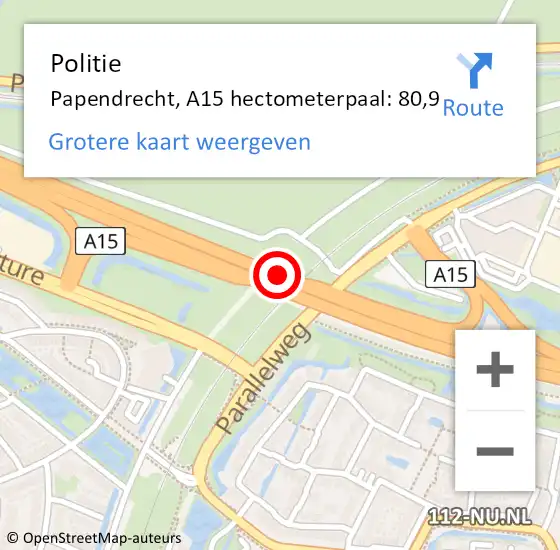 Locatie op kaart van de 112 melding: Politie Papendrecht, A15 hectometerpaal: 80,9 op 3 september 2022 08:36