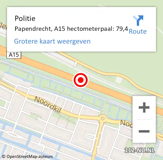 Locatie op kaart van de 112 melding: Politie Papendrecht, A15 hectometerpaal: 79,4 op 3 september 2022 08:50