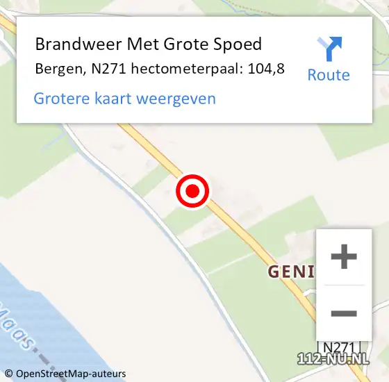Locatie op kaart van de 112 melding: Brandweer Met Grote Spoed Naar Bergen, N271 hectometerpaal: 104,8 op 3 september 2022 12:08