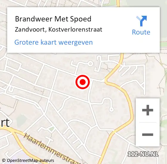 Locatie op kaart van de 112 melding: Brandweer Met Spoed Naar Zandvoort, Kostverlorenstraat op 3 september 2022 13:33