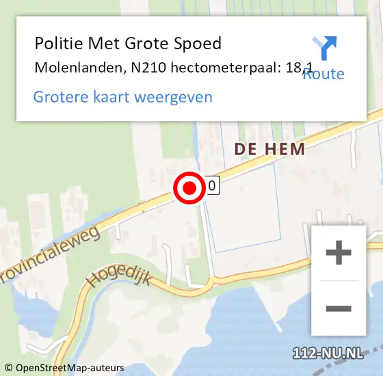 Locatie op kaart van de 112 melding: Politie Met Grote Spoed Naar Molenlanden, N210 hectometerpaal: 18,1 op 3 september 2022 13:59