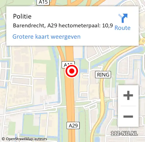 Locatie op kaart van de 112 melding: Politie Barendrecht, A29 hectometerpaal: 10,9 op 3 september 2022 14:40
