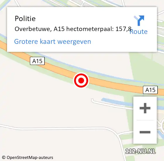 Locatie op kaart van de 112 melding: Politie Overbetuwe, A15 hectometerpaal: 157,8 op 3 september 2022 15:50