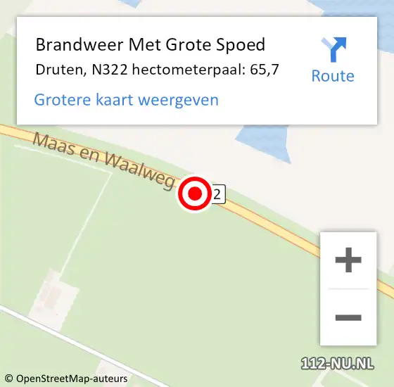 Locatie op kaart van de 112 melding: Brandweer Met Grote Spoed Naar Druten, N322 hectometerpaal: 65,7 op 3 september 2022 19:51