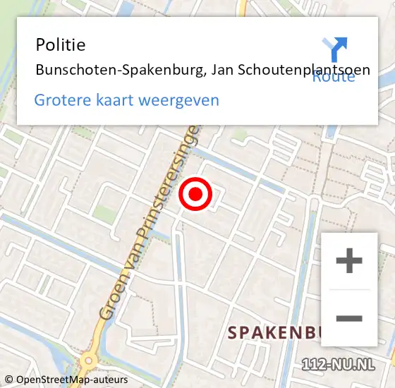 Locatie op kaart van de 112 melding: Politie Bunschoten-Spakenburg, Jan Schoutenplantsoen op 3 september 2022 20:10