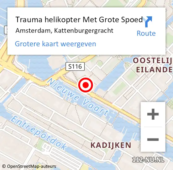 Locatie op kaart van de 112 melding: Trauma helikopter Met Grote Spoed Naar Amsterdam, Kattenburgergracht op 3 september 2022 22:05