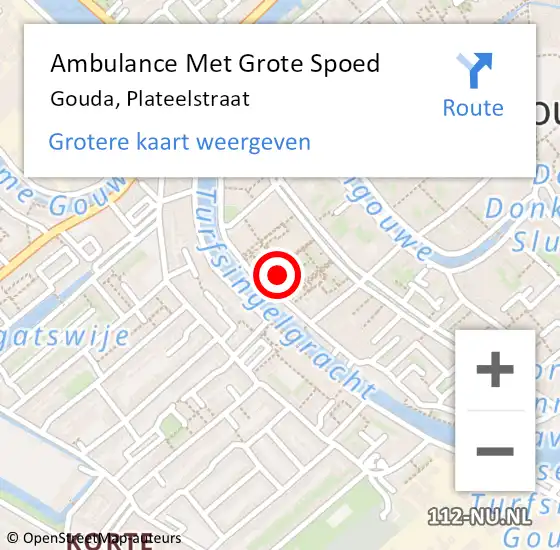 Locatie op kaart van de 112 melding: Ambulance Met Grote Spoed Naar Gouda, Plateelstraat op 3 september 2022 22:38