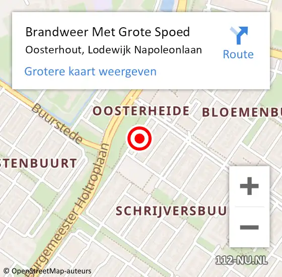 Locatie op kaart van de 112 melding: Brandweer Met Grote Spoed Naar Oosterhout, Lodewijk Napoleonlaan op 4 september 2022 00:27