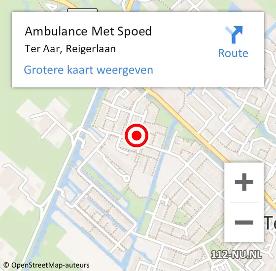 Locatie op kaart van de 112 melding: Ambulance Met Spoed Naar Ter Aar, Reigerlaan op 4 september 2022 00:29