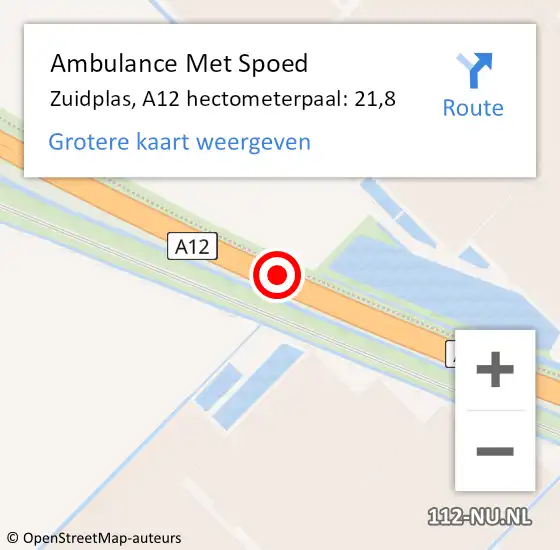 Locatie op kaart van de 112 melding: Ambulance Met Spoed Naar Zuidplas, A12 hectometerpaal: 21,8 op 4 september 2022 01:36