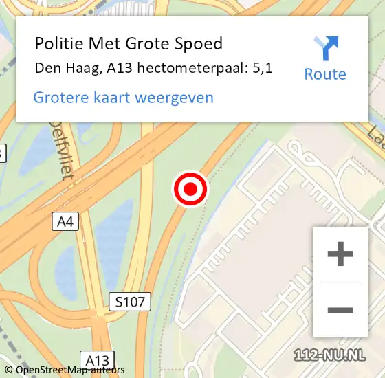 Locatie op kaart van de 112 melding: Politie Met Grote Spoed Naar Den Haag, A13 hectometerpaal: 5,1 op 4 september 2022 04:50