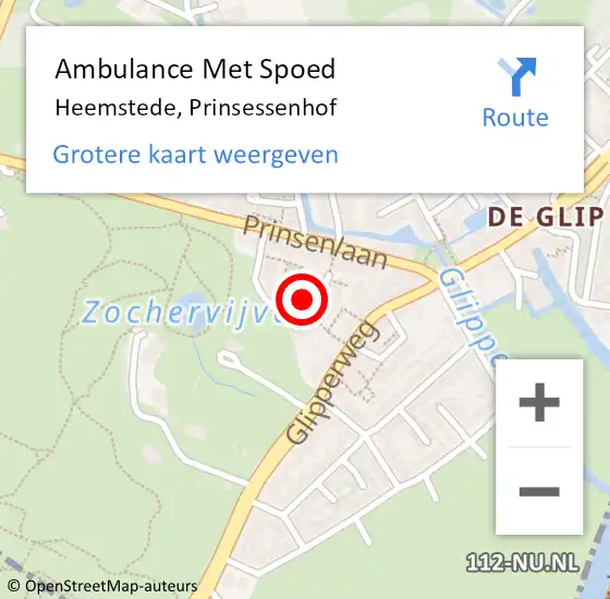 Locatie op kaart van de 112 melding: Ambulance Met Spoed Naar Heemstede, Prinsessenhof op 4 september 2022 05:46