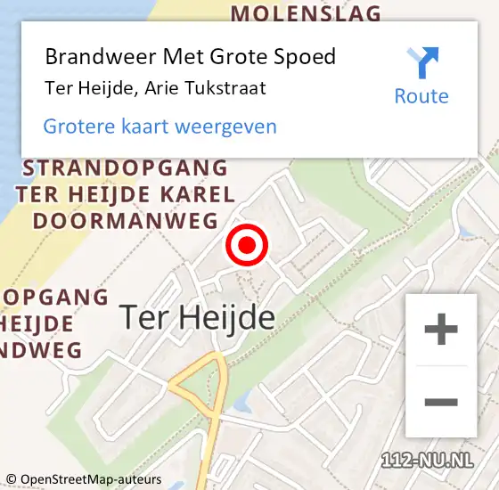 Locatie op kaart van de 112 melding: Brandweer Met Grote Spoed Naar Ter Heijde, Arie Tukstraat op 4 september 2022 09:24