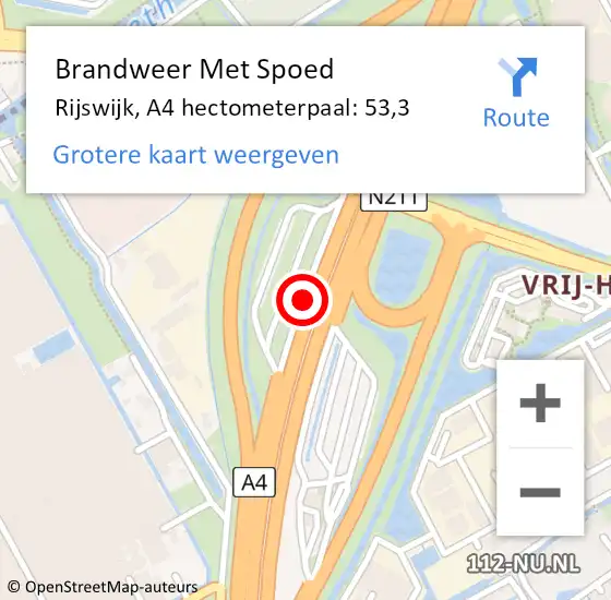 Locatie op kaart van de 112 melding: Brandweer Met Spoed Naar Rijswijk, A4 hectometerpaal: 53,3 op 4 september 2022 14:24