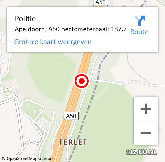 Locatie op kaart van de 112 melding: Politie Apeldoorn, A50 hectometerpaal: 187,7 op 4 september 2022 16:12