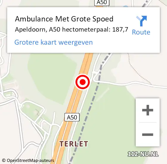 Locatie op kaart van de 112 melding: Ambulance Met Grote Spoed Naar Apeldoorn, A50 hectometerpaal: 187,7 op 4 september 2022 16:13