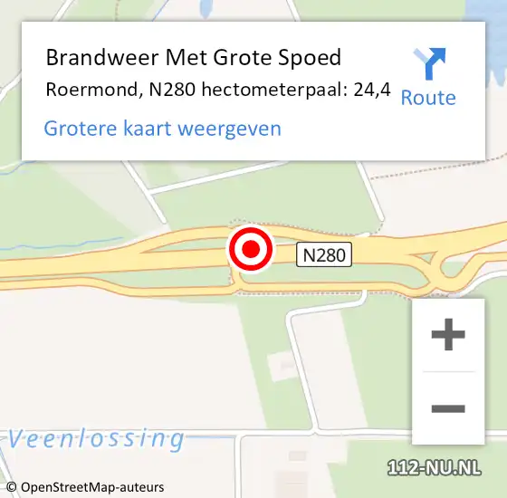 Locatie op kaart van de 112 melding: Brandweer Met Grote Spoed Naar Roermond, N280 hectometerpaal: 24,4 op 4 september 2022 16:51