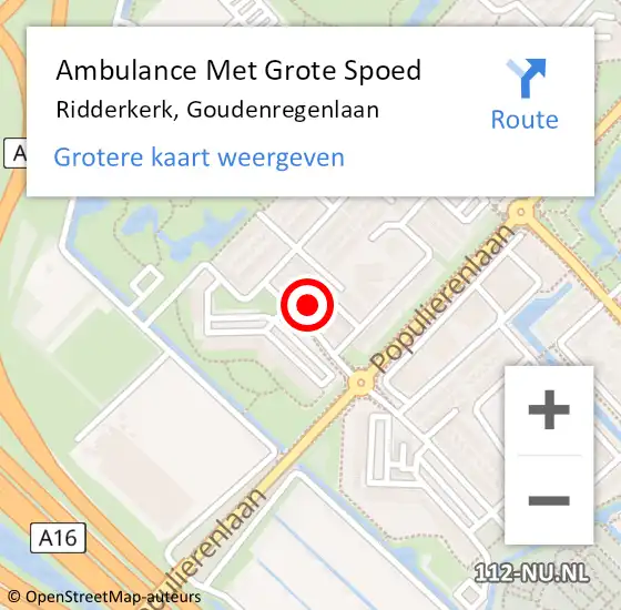 Locatie op kaart van de 112 melding: Ambulance Met Grote Spoed Naar Ridderkerk, Goudenregenlaan op 4 september 2022 17:08