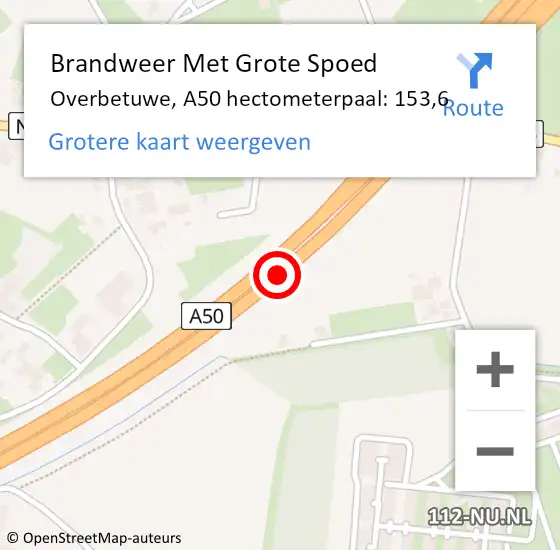 Locatie op kaart van de 112 melding: Brandweer Met Grote Spoed Naar Overbetuwe, A50 hectometerpaal: 153,6 op 4 september 2022 17:54