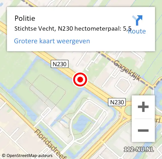 Locatie op kaart van de 112 melding: Politie Stichtse Vecht, N230 hectometerpaal: 5,5 op 4 september 2022 21:08