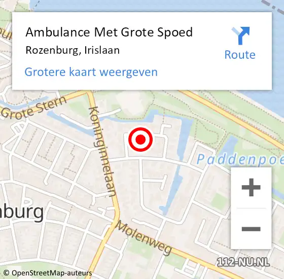 Locatie op kaart van de 112 melding: Ambulance Met Grote Spoed Naar Rozenburg, Irislaan op 4 september 2022 21:25