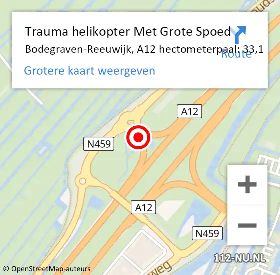Locatie op kaart van de 112 melding: Trauma helikopter Met Grote Spoed Naar Bodegraven-Reeuwijk, A12 hectometerpaal: 33,1 op 5 september 2022 05:39