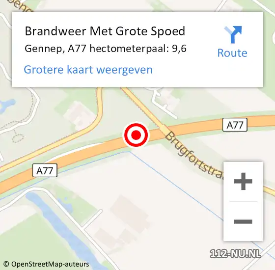 Locatie op kaart van de 112 melding: Brandweer Met Grote Spoed Naar Gennep, A77 hectometerpaal: 9,6 op 5 september 2022 07:48