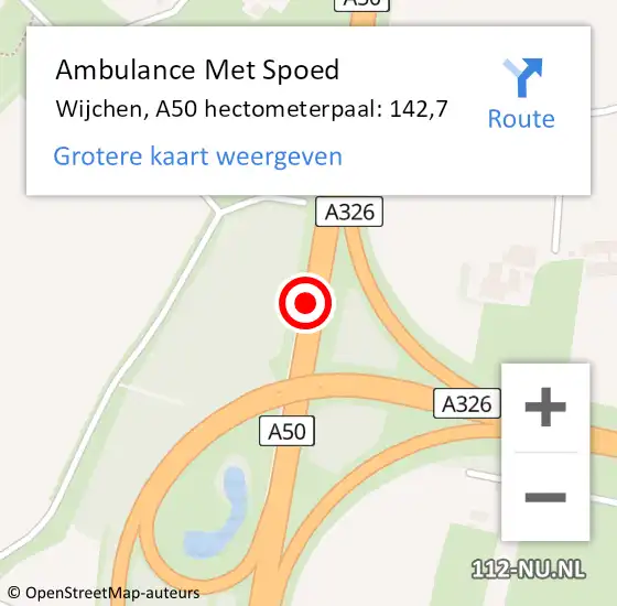 Locatie op kaart van de 112 melding: Ambulance Met Spoed Naar Wijchen, A50 hectometerpaal: 142,7 op 5 september 2022 07:55