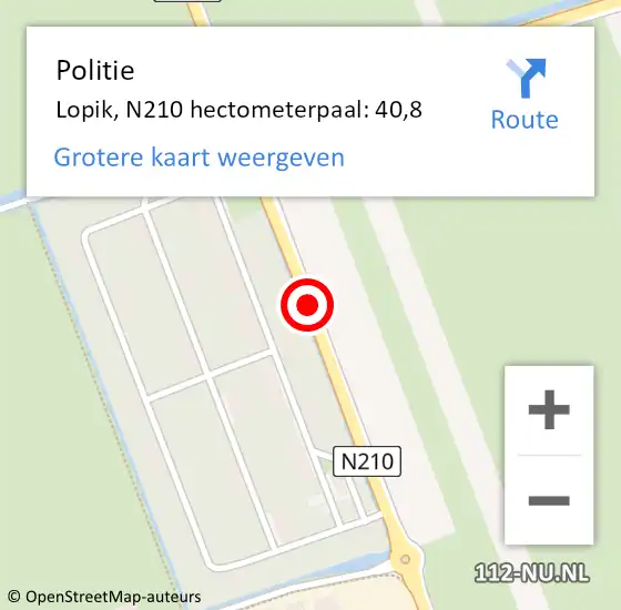 Locatie op kaart van de 112 melding: Politie Lopik, N210 hectometerpaal: 40,8 op 5 september 2022 07:56