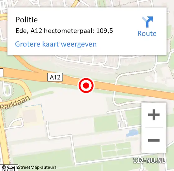 Locatie op kaart van de 112 melding: Politie Ede, A12 hectometerpaal: 109,5 op 5 september 2022 08:11