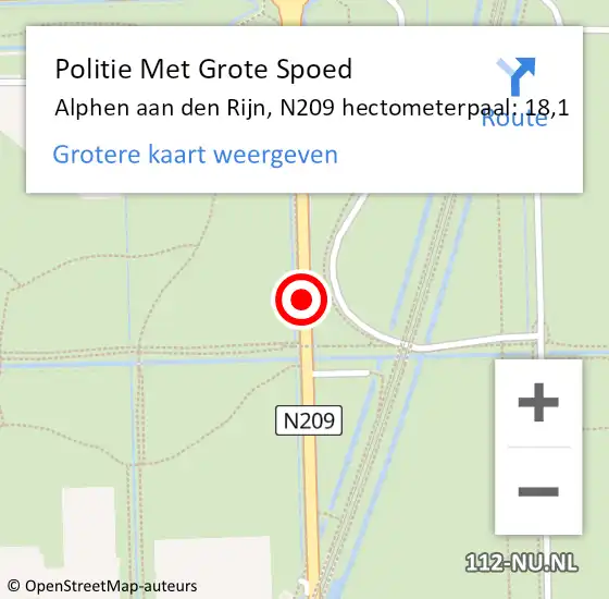 Locatie op kaart van de 112 melding: Politie Met Grote Spoed Naar Alphen aan den Rijn, N209 hectometerpaal: 18,1 op 5 september 2022 09:17