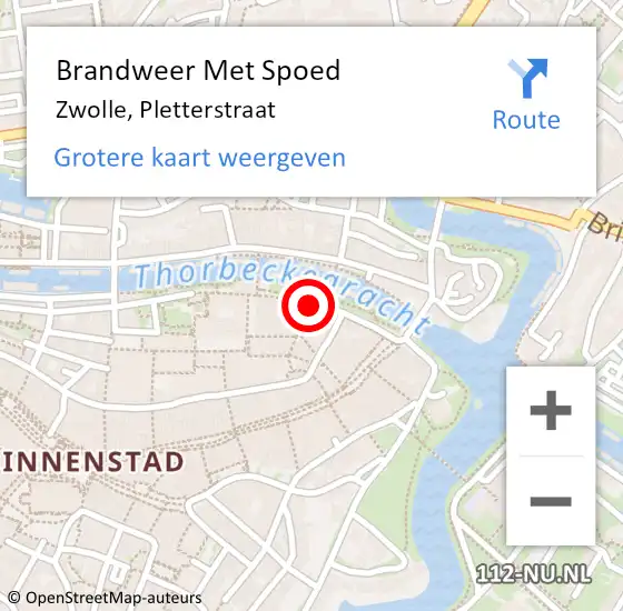 Locatie op kaart van de 112 melding: Brandweer Met Spoed Naar Zwolle, Pletterstraat op 5 september 2022 09:34