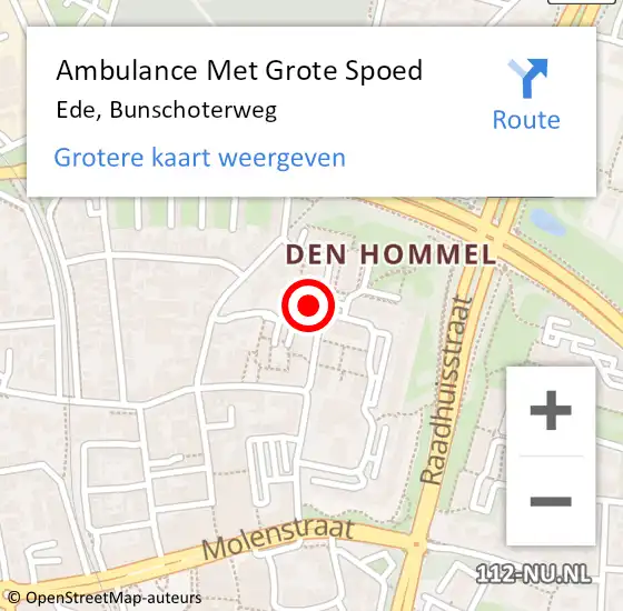 Locatie op kaart van de 112 melding: Ambulance Met Grote Spoed Naar Ede, Bunschoterweg op 5 september 2022 12:05