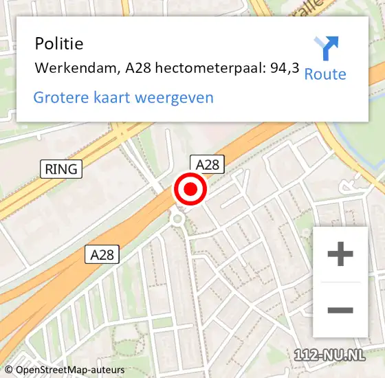 Locatie op kaart van de 112 melding: Politie Werkendam, A28 hectometerpaal: 94,3 op 5 september 2022 12:52