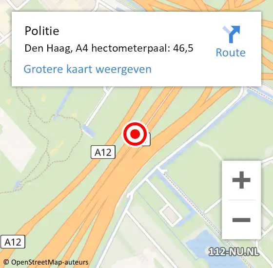 Locatie op kaart van de 112 melding: Politie Den Haag, A4 hectometerpaal: 46,5 op 5 september 2022 13:19