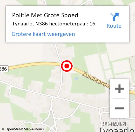 Locatie op kaart van de 112 melding: Politie Met Grote Spoed Naar Tynaarlo, N386 hectometerpaal: 16 op 5 september 2022 14:37