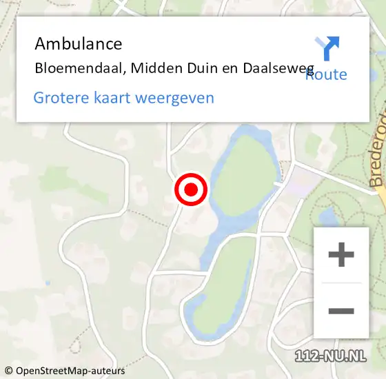 Locatie op kaart van de 112 melding: Ambulance Bloemendaal, Midden Duin en Daalseweg op 5 september 2022 15:40